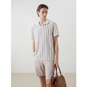 LCW Vision Bej Polo Yaka Kısa Kollu Çizgili Erkek Tişört