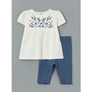 LCW baby Ekru Çiçekli Kız Bebek Tişört ve  Tayt 2li