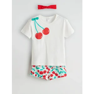 LCW baby Ekru Kız Bebek Tişört Şort Saç Bandı 3lü Takım