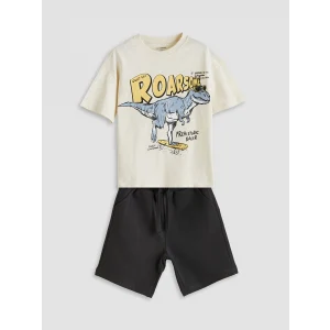 LCW Kids Bej Dinozor Baskılı Erkek Çocuk Tişört ve Şort 2li