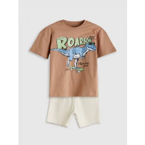LCW Kids Kahverengi Dinozor Baskılı Erkek Çocuk Tişört ve Şort 2li
