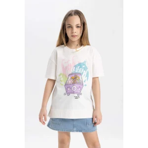 Defacto C0146 Ekru Kız Çocuk Scooby Doo Oversize Geniş Kalıp Bisiklet Yaka Kısa Kollu Tişört