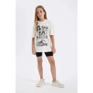 Defacto D2956 Ekru Kız Çocuk 2li Takım Bisiklet Yaka Baskılı Kısa Kollu Tişört Tayt