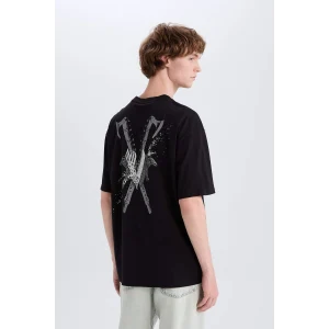 Defacto E3277 Siyah %100 Pamuk Vikings Valhalla Boxy Fit Bisiklet Yaka Sırt Baskılı Kısa Kollu Tişört