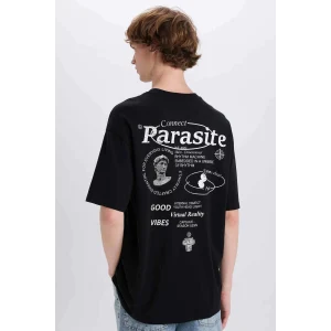 Defacto E4545 Siyah %100 Pamuk Boxy Fit Bisiklet Yaka Sırt Baskılı Kısa Kollu Tişört