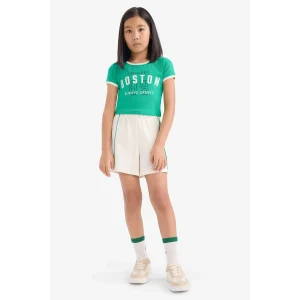 Defacto E4756 Yeşil Kız Çocuk 2li Takım Fitilli Kaşkorse Baskılı Kısa Kollu Tişört Beli Lastikli Şort