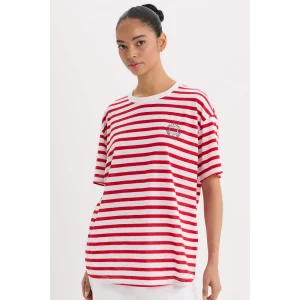 Defacto E2782 Beyaz 	DeFactoFit Oversize Geniş Kalıp Bisiklet Yaka Çizgili Baskılı Sporcu Kısa Kollu Tişört