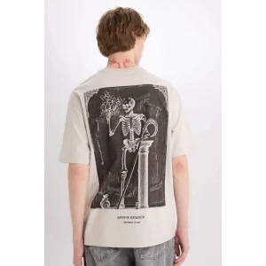 Defacto E4546 Bej %100 Pamuk Boxy Fit Bisiklet Yaka Sırt Baskılı Kısa Kollu Tişört