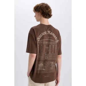 Defacto E4539 Kahve %100 Pamuk Boxy Fit Bisiklet Yaka Sırt Baskılı Kısa Kollu Tişört