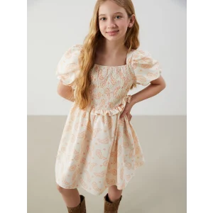 LCW Kids Bej Kare Yaka Kız Çocuk Elbise