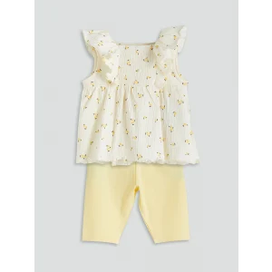 LCW baby Ekru Çiçekli Kız Bebek Bluz ve Tayt 2li