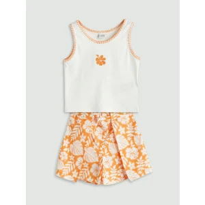 LCW Kids Ekru Bisiklet Yaka Çiçekli Kız Çocuk Atlet ve Şort Etek