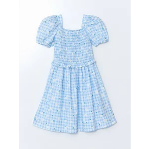 LCW Kids Mavi Kare Yaka Çiçekli Kız Çocuk Elbise