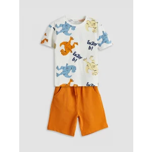 LCW Kids Ekru Dinozor Baskılı Erkek Çocuk Tişört ve Şort 2li