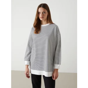 LCW Modest Siyah Çizgili Oversize Kadın Sweatshirt Tunik