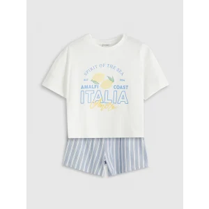 LCW Kids Ekru Bisiklet Yaka İtalya Baskılı Kız Çocuk Tişört ve Şort