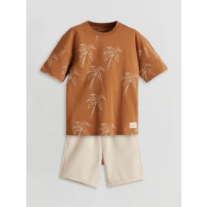 LCW Kids Kahverengi Baskılı Pamuklu Erkek Çocuk Tişört ve Şort 2li