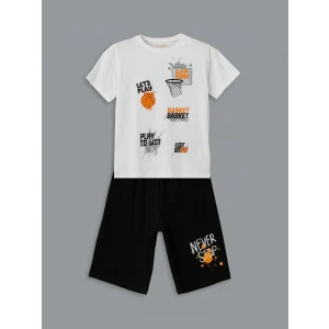 LCW Kids Beyaz Bisiklet Yaka Erkek Çocuk Şortlu Pijama Takımı