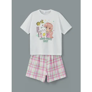 LCW Kids Beyaz Bisiklet Yaka Kız Çocuk Şortlu Pijama Takımı
