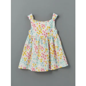 LCW Kids Ekru Bisiklet Yaka Çiçekli Kız Çocuk Keten Elbise