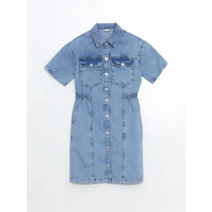 LCW Kids Mavi Kısa Kollu Kız Çocuk Jean Gömlek Elbise