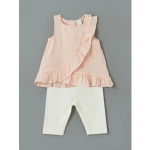 LCW baby Pembe Bisiklet Yaka Çiçekli Kız Bebek Bluz ve Tayt 2li