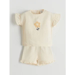 LCW baby Bej Bisiklet Yaka Çiçekli Kız Bebek Bluz ve Şort 2li