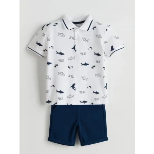 LCW Kids Ekru Polo Yaka Baskılı Erkek Bebek Tişört ve Şort 2li Takım