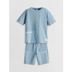 LCW Kids Mavi Bisiklet Yaka Baskılı Erkek Çocuk Tişört ve Şort 2li