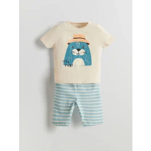 LCW baby Ekru Sevimli Baskılı Erkek Bebek Tişört ve Kısa Tayt 2li