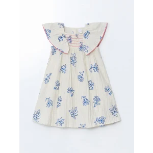 LCW Kids Ekru Çiçekli Büzgülü Kız Çocuk Keten Elbise