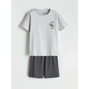 LCW Kids Gri Bisiklet Yaka Dinozor Baskılı Erkek Çocuk Şortlu Pijama Takımı