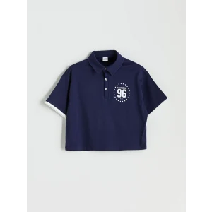 LCW Kids Lacivert Polo Yaka California Baskılı Kız Çocuk Crop Tişört