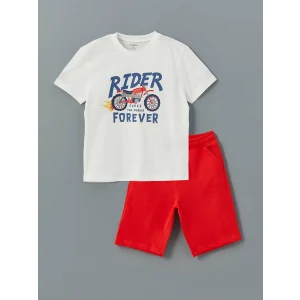 LCW Kids Ekru Baskılı Erkek Çocuk Tişört ve Şort 2li