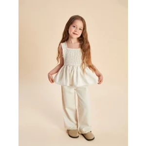 LCW Kids Bej Keten Görünümlü Kız Çocuk Bluz ve Pantolon 2li