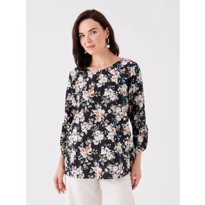 LCW Grace Siyah Bisiklet Yaka Çiçekli Uzun Kollu Kadın Bluz