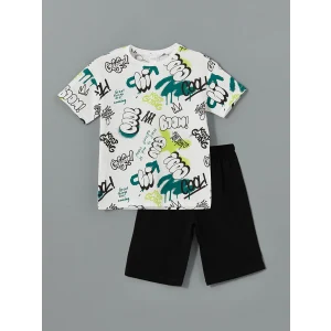 LCW Kids Beyaz Bisiklet Yaka Erkek Çocuk Şortlu Pijama Takımı