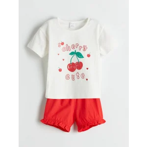 LCW baby Ekru Kiraz Baskılı Kız Bebek Tişört ve Şort 2li