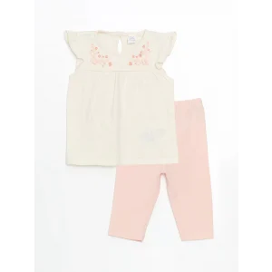 LCW baby Ekru Nakışlı Kolu Fırfırlı Kız Bebek Bluz ve Şort 2li