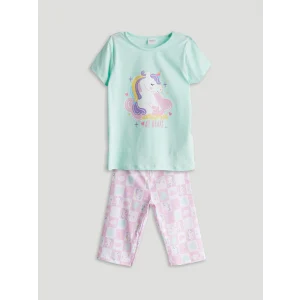 LCW Kids Turkuaz Bisiklet Yaka Baskılı Kız Çocuk Pijama Takımı