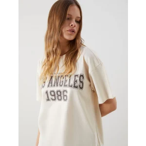 XSIDE Bej Bisiklet Yaka Los Angeles Baskılı Kadın Tişört