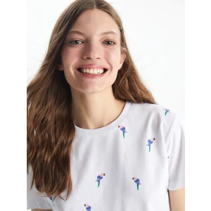 XSIDE Beyaz Bisiklet Yaka Desenli Kadın Tişört