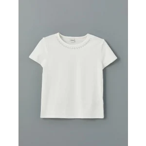 LCW Kids Ekru Bisiklet Yaka Taşlı Kız Çocuk Tişört