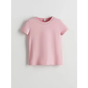 LCW Kids Pembe Bisiklet Yaka Taşlı Kız Çocuk Tişört