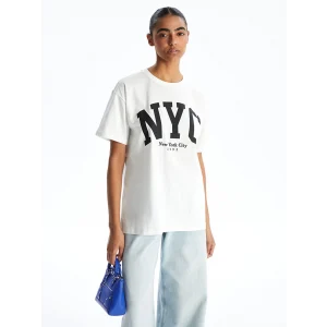 XSIDE Ekru Bisiklet Yaka New York Baskılı Kadın Tişört