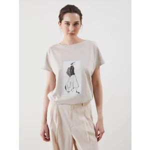 LCWAIKIKI Classic Gri Bisiklet Yaka Baskılı Kadın Tişört