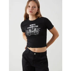 XSIDE Siyah Bisiklet Yaka Baskılı Kadın Crop