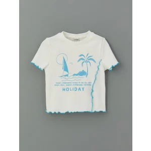 LCW Kids Ekru Bisiklet Yaka Kız Çocuk Crop Tişört