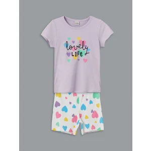 LCW Kids Lila Bisiklet Yaka Baskılı Kısa Kollu Kız Çocuk Şortlu Pijama Takımı
