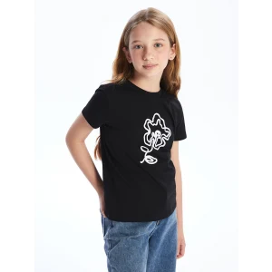 LCW Kids Siyah Bisiklet Yaka Çiçekli Kız Çocuk Tişört